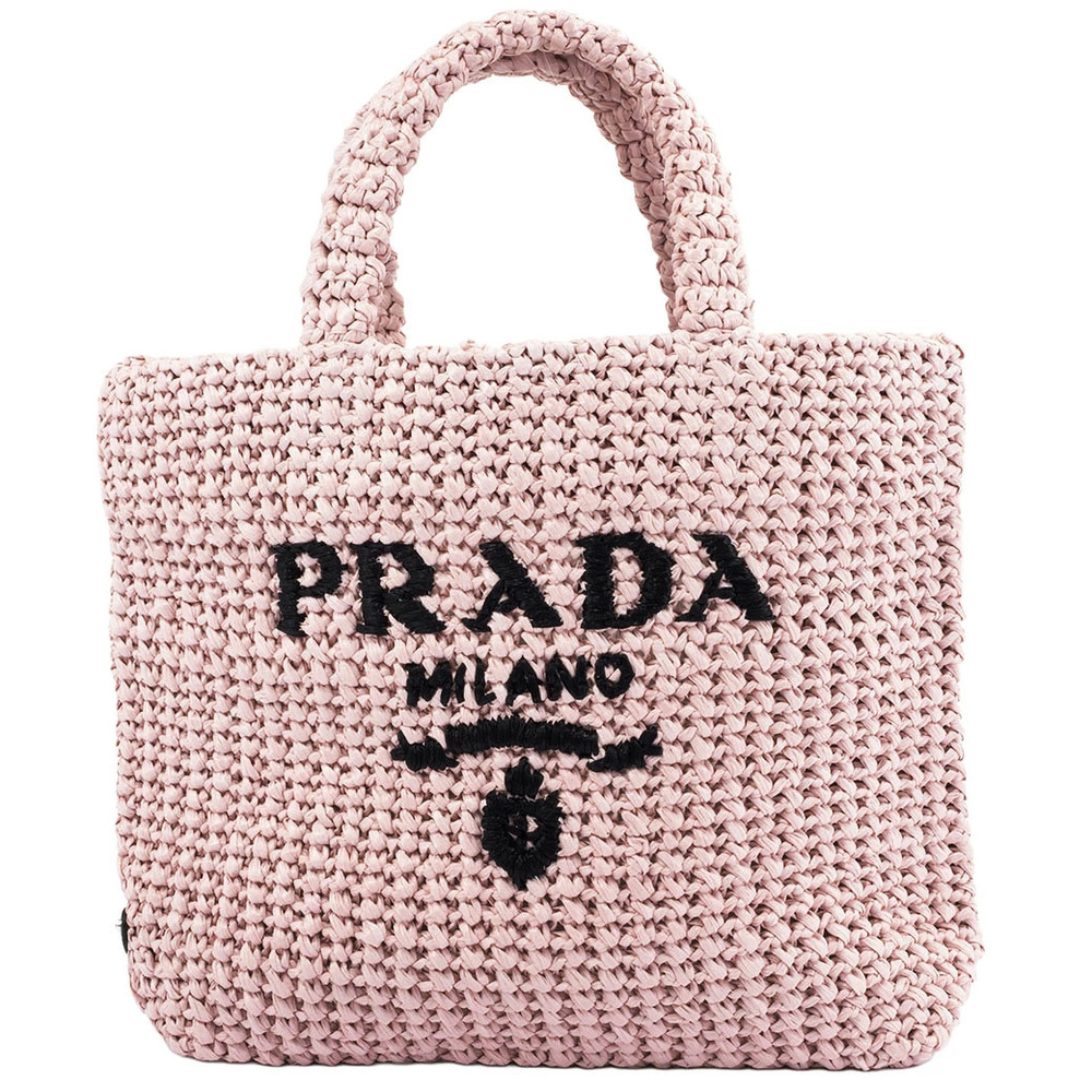 Prada tote bag crochet basket raffia pink Straw Tan
